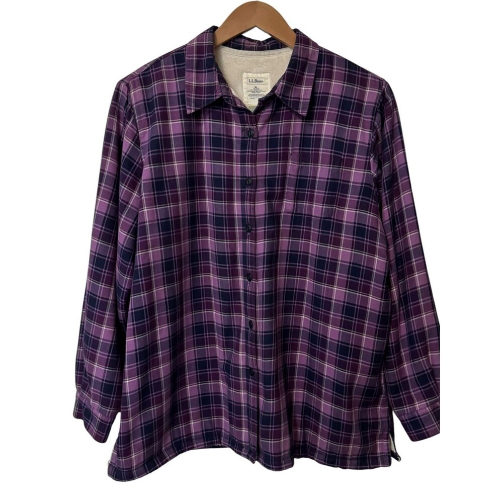 LL Bean Purple Navy White Plaid Fleece Lined Flannel Shacket Jacket XL Cabincore